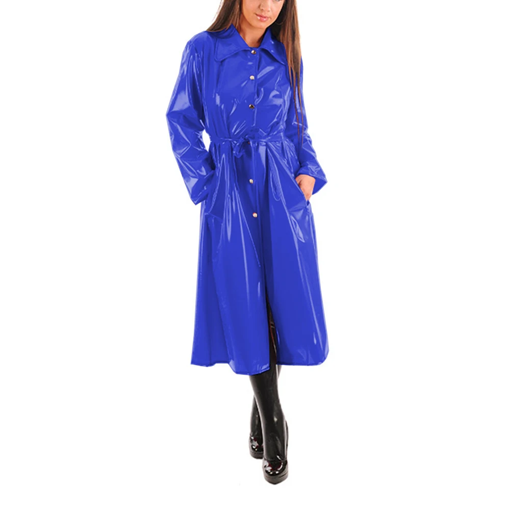 Women\'s PU Leather Turn-Down Collar Midi Trench, Shiny Faux Leather, Button-Up, Long Sleeve Dress Coats with Belt, Sexy Wet Look