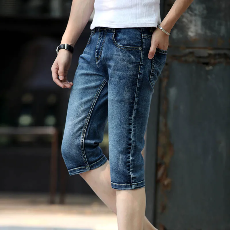 

Summer 2022 Teenagers Thin Flag Embroidery Small Feet Cropped Capric Men's Breeches Slim Stretch Trend Men's Denim Shorts