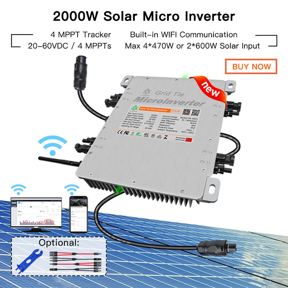 2000W 20-60VDC Solar Grid Connected Micro Inverter, MPPT Pure Sine Wave Converter, Built-In WiFi Intelligent Inverter