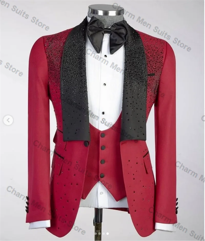 Crystals Red Men Suits Pants Set 3 Pcs Blazer+Vest+Black Trousers Customized Groom Wedding Tuxedo Formal Office Prom Jacket