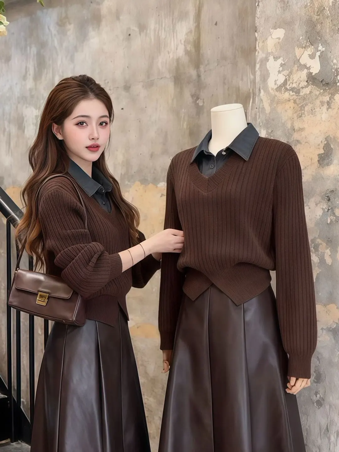 

Stylish Thickened Knitted Shirt Collar Women's Sweater Slim Fit Fake Two-Piece Base Shirt Long Sleeve Collar Regular Fit