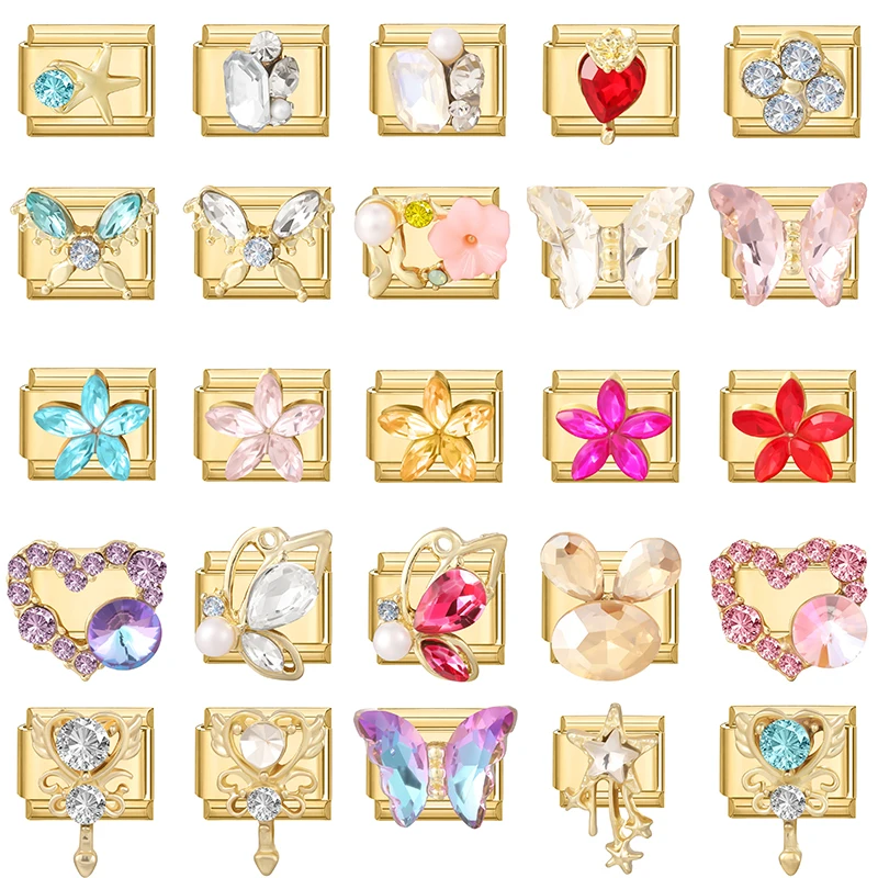 Y2K Zirkon Kaninchen Schmetterling Herz Stern Blume Italienische Charm-Links Passend für 9mm Edelstahlarmbänder DIY Bastelgeschenk Großhandel