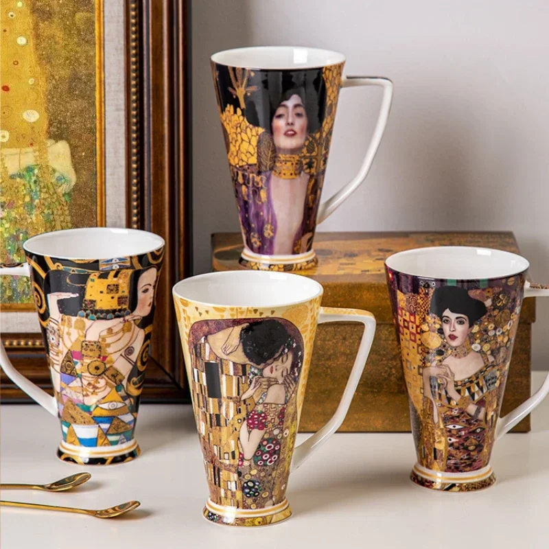 Klimt Bone China Mug with Gift Box Europe Retro Ceramic Water Cup Creative Oil Painting Large Capacity Mug Personalized Gift