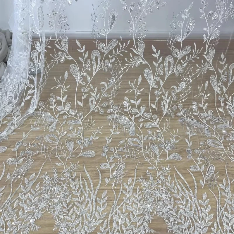 

Lace Embroidery, Beaded Sequin Fabric for Wedding Dress Perspective Mesh Design Diy By The Meter Sewing Material Cloth Wholesale