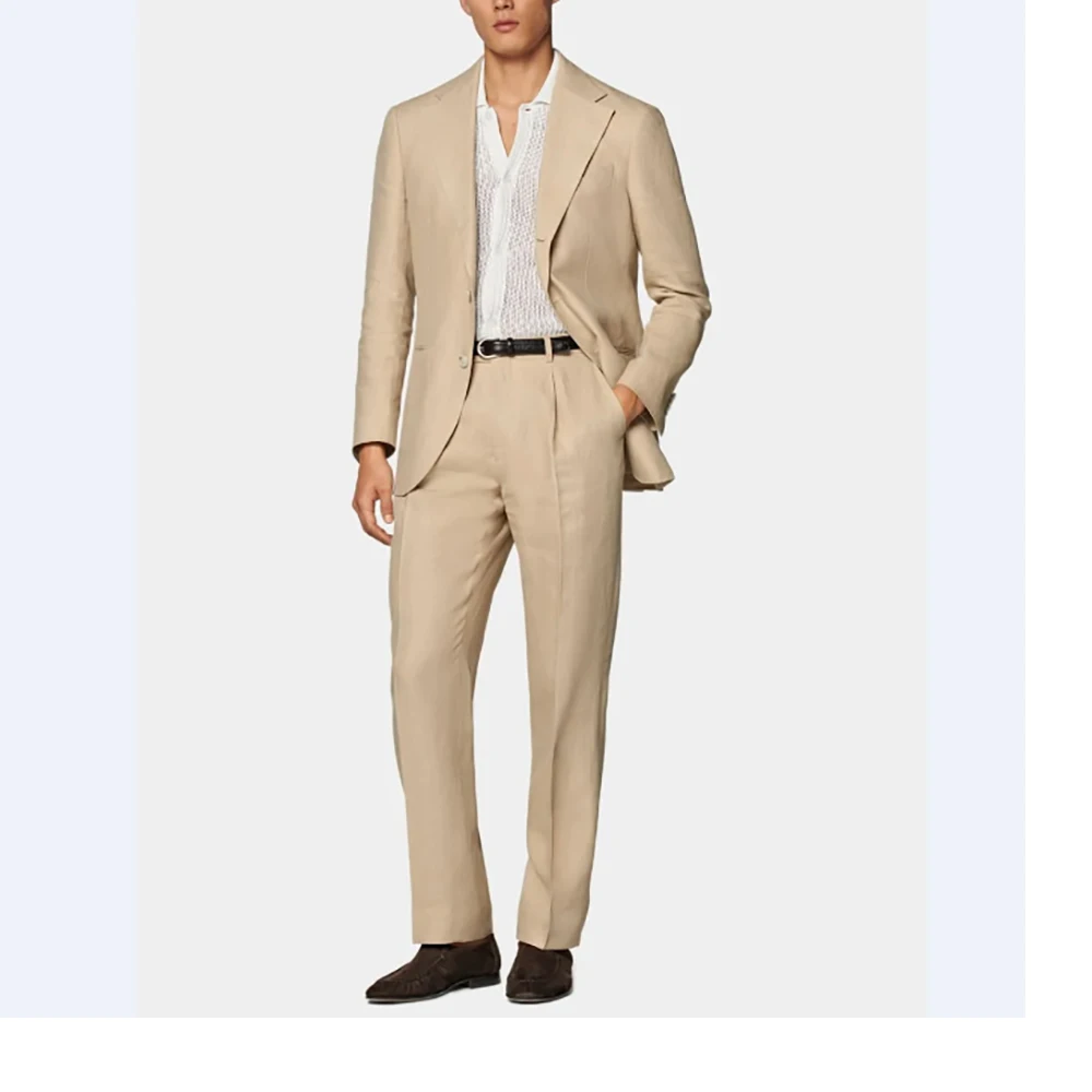 Elegant Khaki Summer Linen Men's Suit Intelligent Casual Slim Fit Business High Quality Customized Two Piece Clothing Holmes