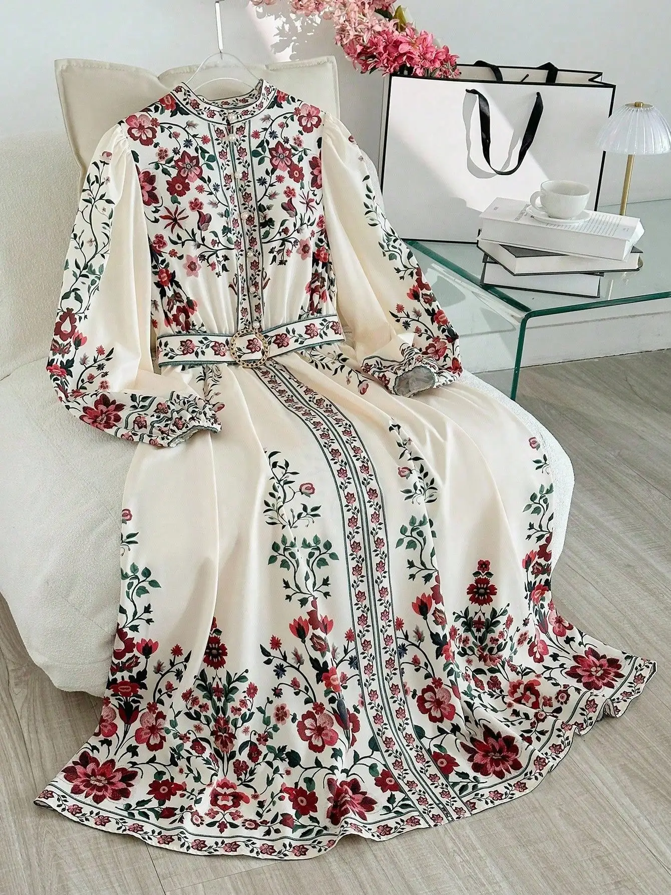 

Elegant Floral Print Long Sleeve Maxi Dress with Belt and Button Detail