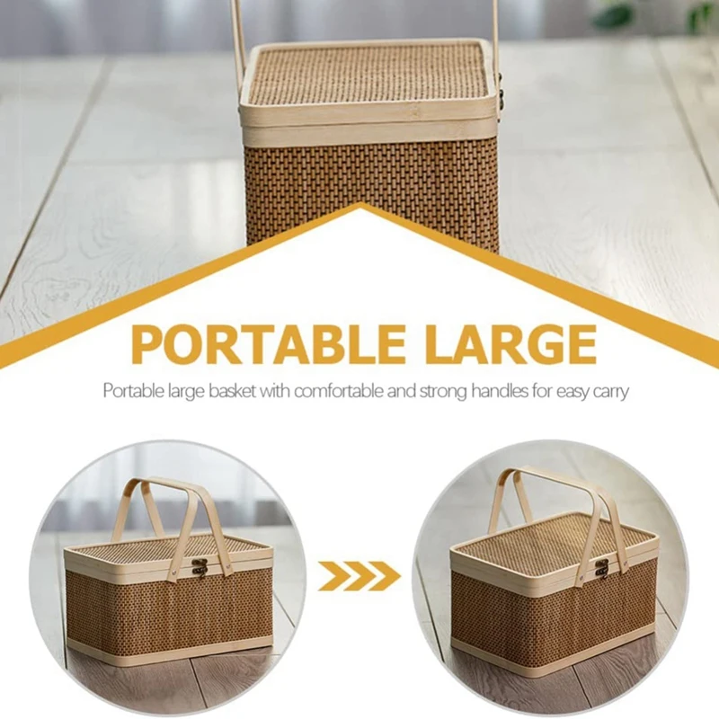 Bamboo Basket Natural -Friendly Woven Basket Bamboo Picnic Basket With Lid Handheld Snacks Bread Storage Basket