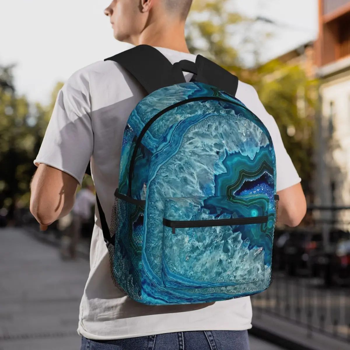 Teal Aqua Turquoise Blue Rock Agate Mineral Crystals Pattern Backpack Student BookBag Children School Bag Laptop Shoulder Bags