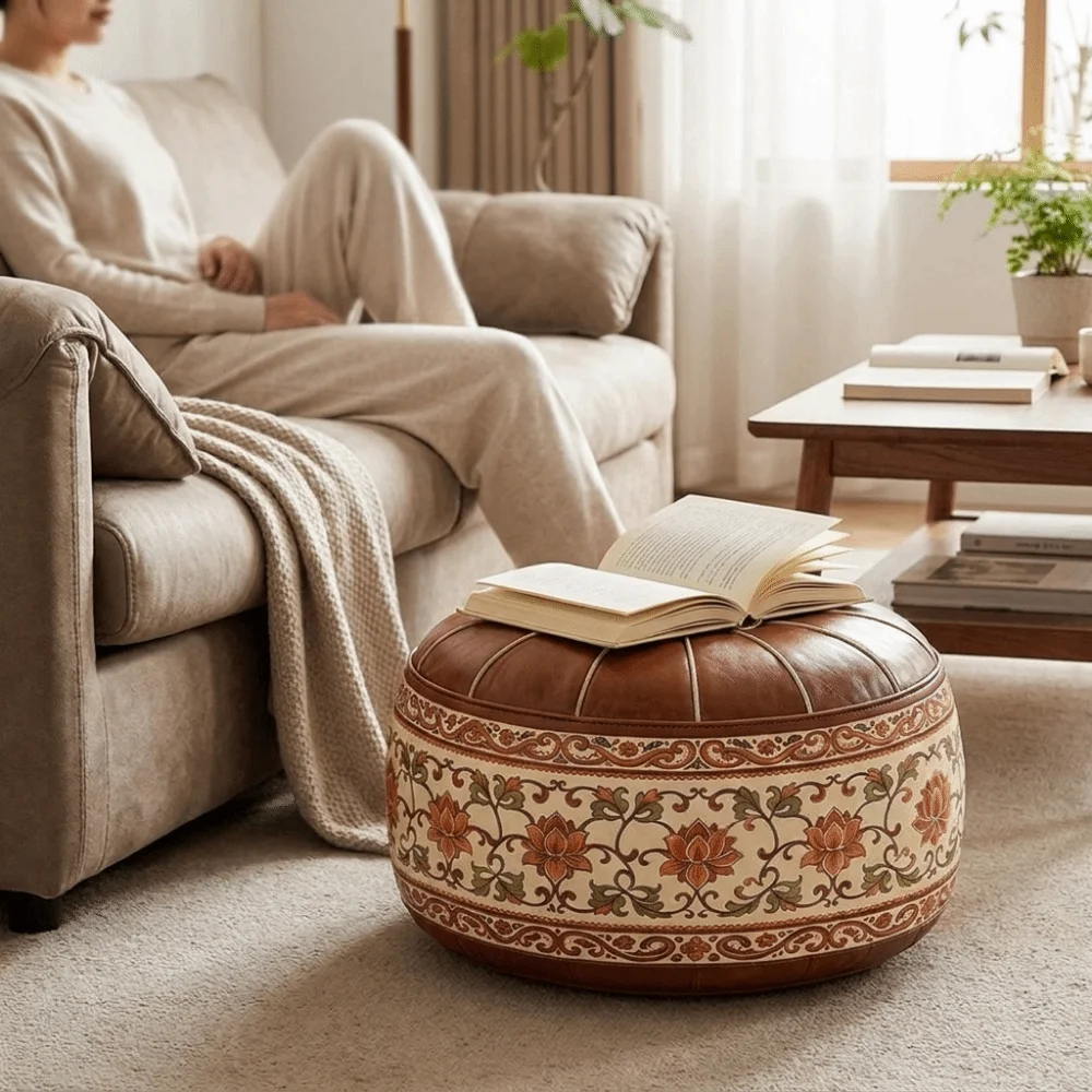 PU Leather Lotus Print Seat Cushion Cover Unstuffed Large Capacity Round Footstool Cover Folding Space Saving Sofa Stool Cover
