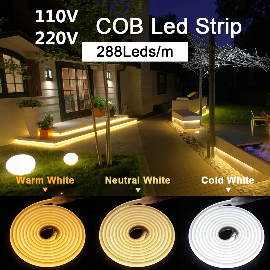 

Waterproof 110V 220V COB LED Neon Strip High Brightness 20m 30m 50m 288Leds/m COB Led Tape Flexible Indoor Outdoor Lighting