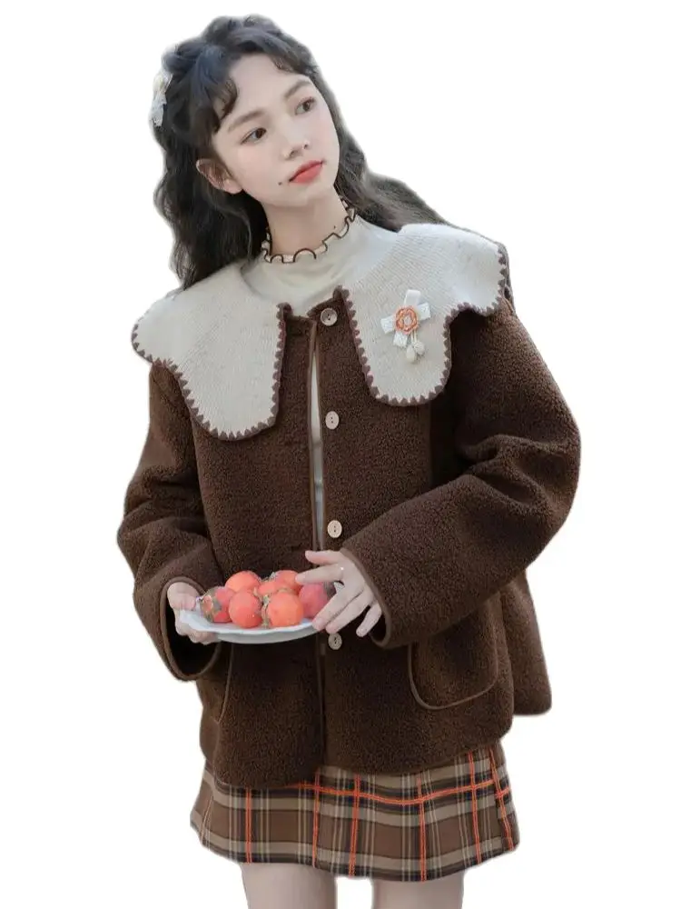 Coat Doll Collar Lamb Plush Patchwork Japanese Style Retro Small Fragrance Style Women Autumn And Winter Loose Korean Style Top