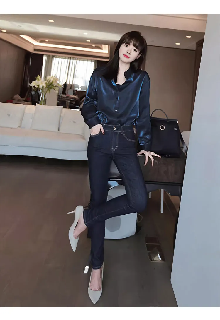 Blusas femininas vintage camisas de cor sólida moda solta verão roupas coreanas manga comprida gola virada para baixo cetim feminino topos