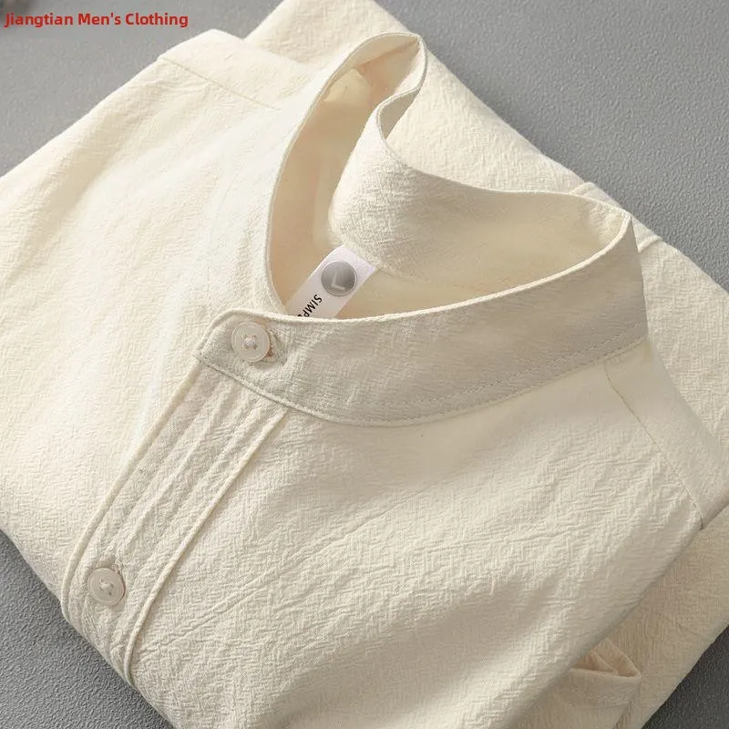 

Japanese Sle Men's ort Sve Cotton Linen irt round Ne Stand Collar Seven Sve Length Summer Casual Inner Wear