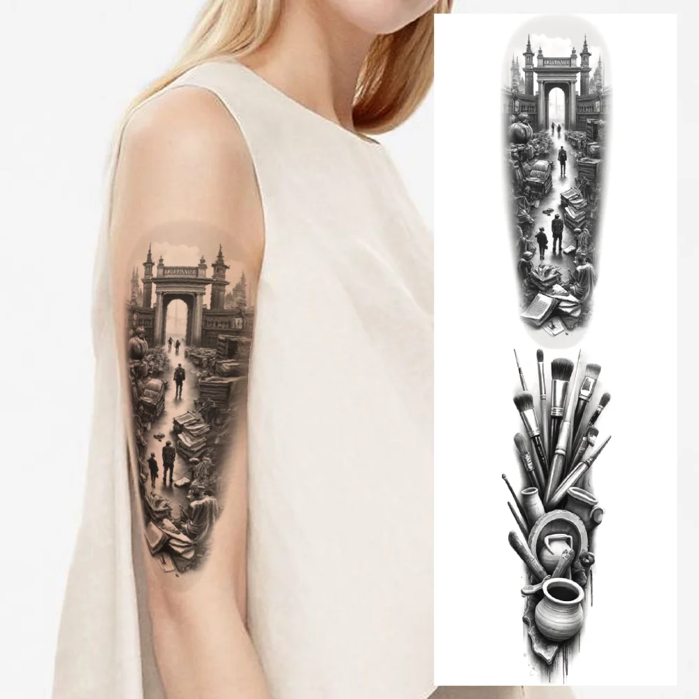 3개입 임시 타투 검정색과 회색 사실주의 소리 나는 해골 강 근처 예술 도구 뱀과 해골 팔용 남녀 공용 / 타투 \u0026 바디아트, image size:1000x1000