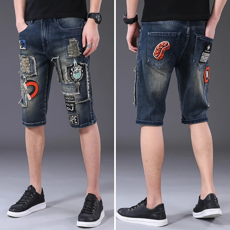 Summer Motorcycle Denim Shorts Men's Personalized Ripped Retro Cropped Pants Embroidered Patch Street Fashion Stretch Pants