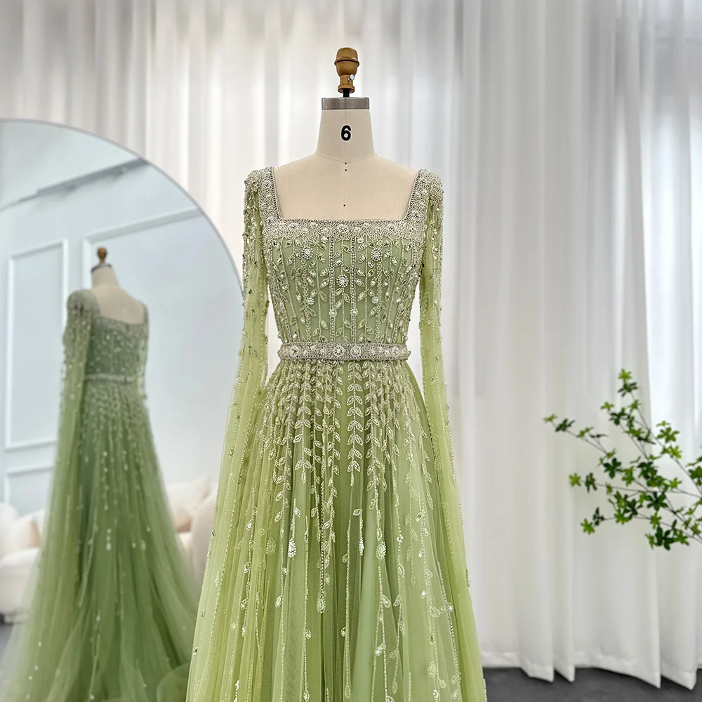 Sharon Said Sage Green Luxury Evening Dress for Women Wedding Square Neck Cap Sleeves Muslim Formal Party Gowns SS494 Customized image 2