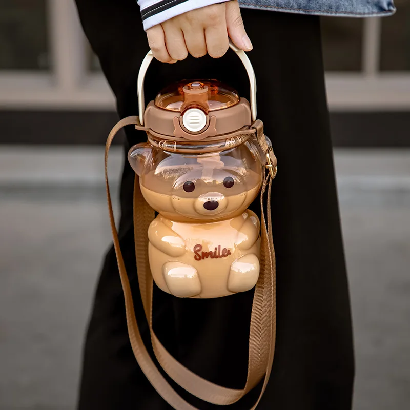 

Kawaii Summer Bear Shaped Water Bottle with Straw Large-capacity Milk Tea Coffee Cup Children's Birthday Gift 1L/1.4L