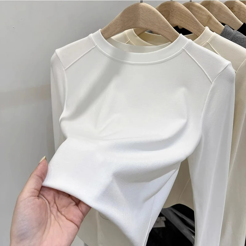 AOSSVIAO Basic-T-Shirt im koreanischen Stil mit Rundhalsausschnitt, Herbst-Winter, neu, figurbetont, einfarbig, Damen-T-Shirt, vielseitige, langärmlige Strickoberteile zum Schichten – Detail 4