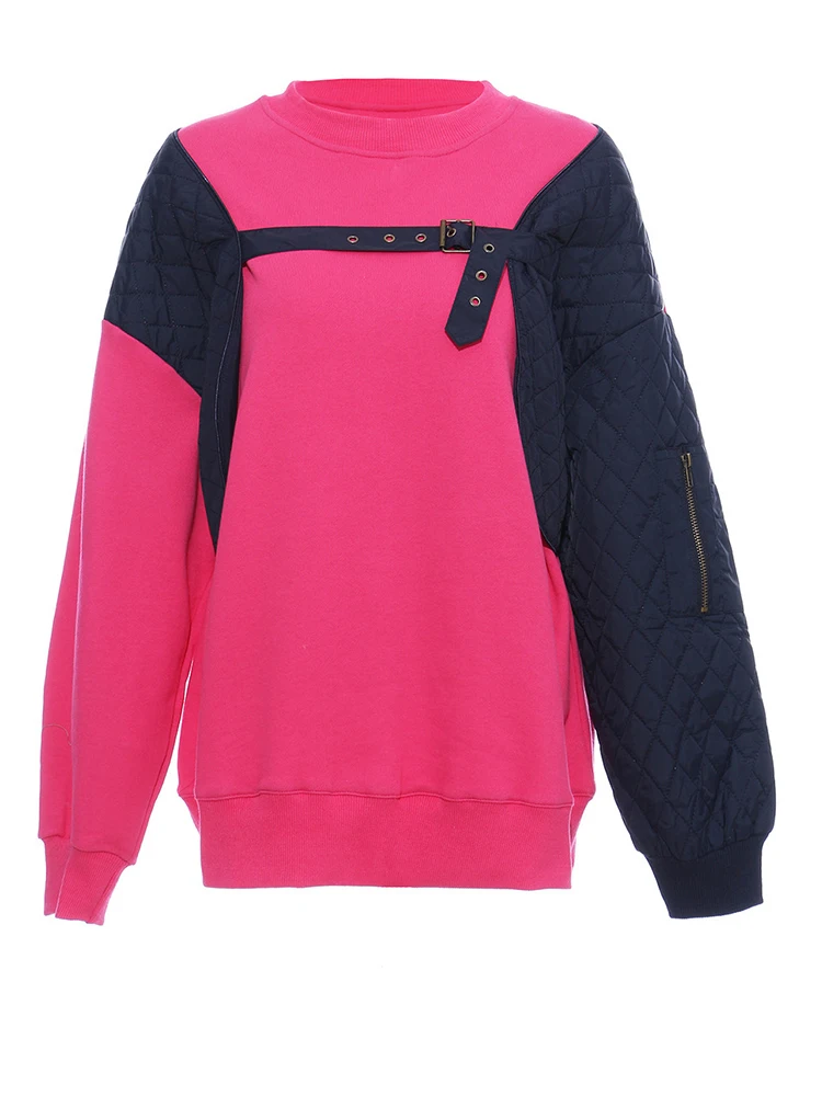 [EAM] Green Color-block Buckle Sweatshirt New Round Neck Long Sleeve Women Big Size Fashion Tide Spring Autumn 2023 1DH5653