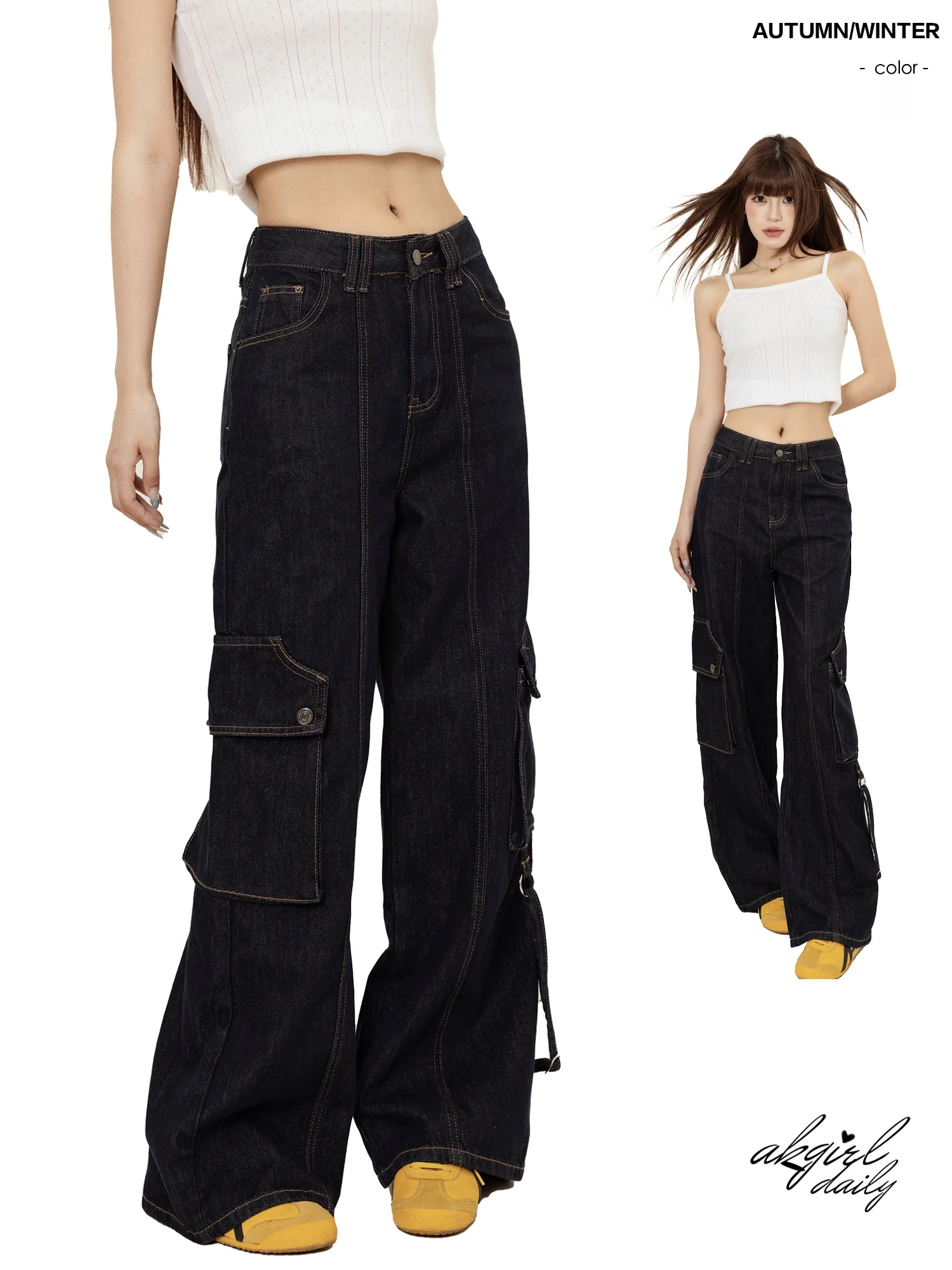 

Американские ретро-джинсы с широкими штанинами, рабочие брюки, длинные брюки с высокой талией, темный цвет, осенняя мода, женские джинсы