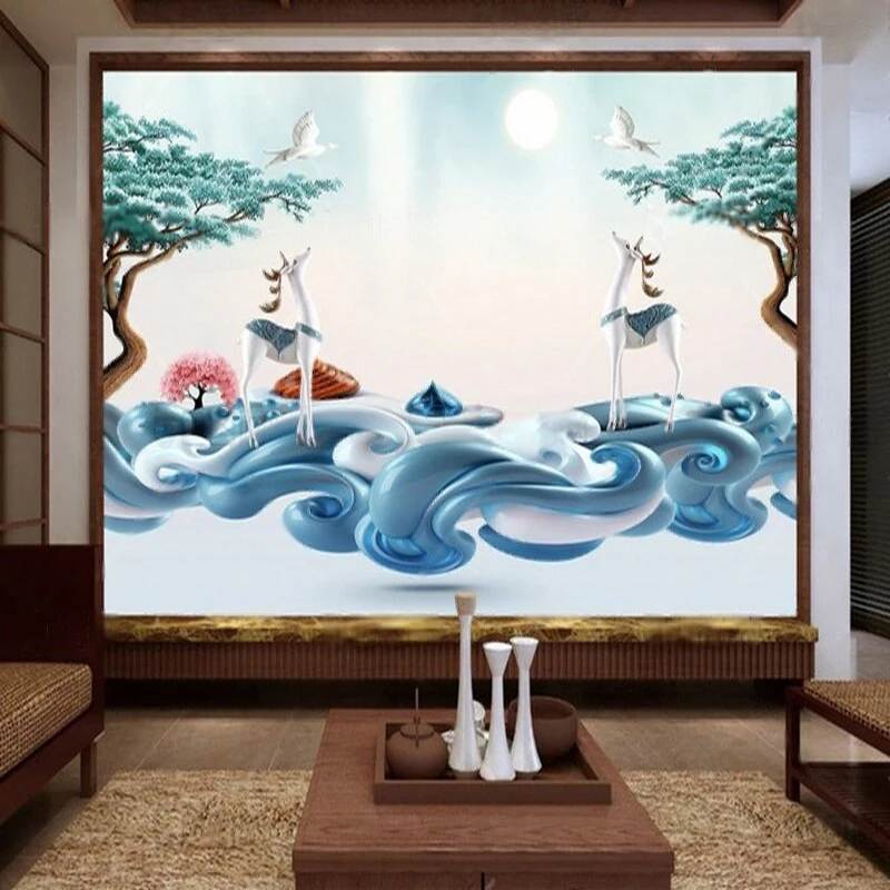 Chinese-style 3D horse moonlight bird living room TV luxurious home decoration bedroom background wall