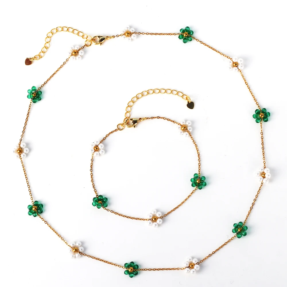 سلسلة مطلية بالذهب مقاومة للماء من الفولاذ المقاوم للصدأ ، قلادة عنق بالخرز الزهري لفتاة قوس قزح ، قلادة زهرة أقحوان ملونة