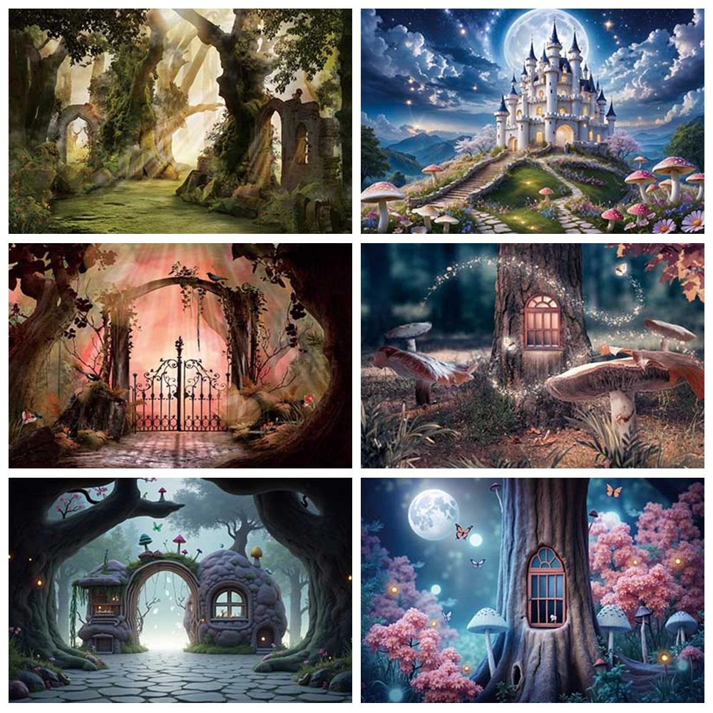 

Fantasy Castle Jungle Photography Background Garden Butterfly Pathway Flower Arch Plant Baby Birthday Backdrop Photo Studio Prop