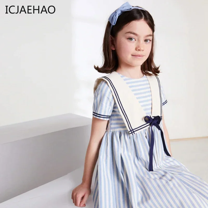 

ICJAEHAO 2024, платье для девочек, детские комплекты, одежда в темно-синем стиле, полосатый костюм с короткими рукавами для брата и сестры, летний одинаковый наряд