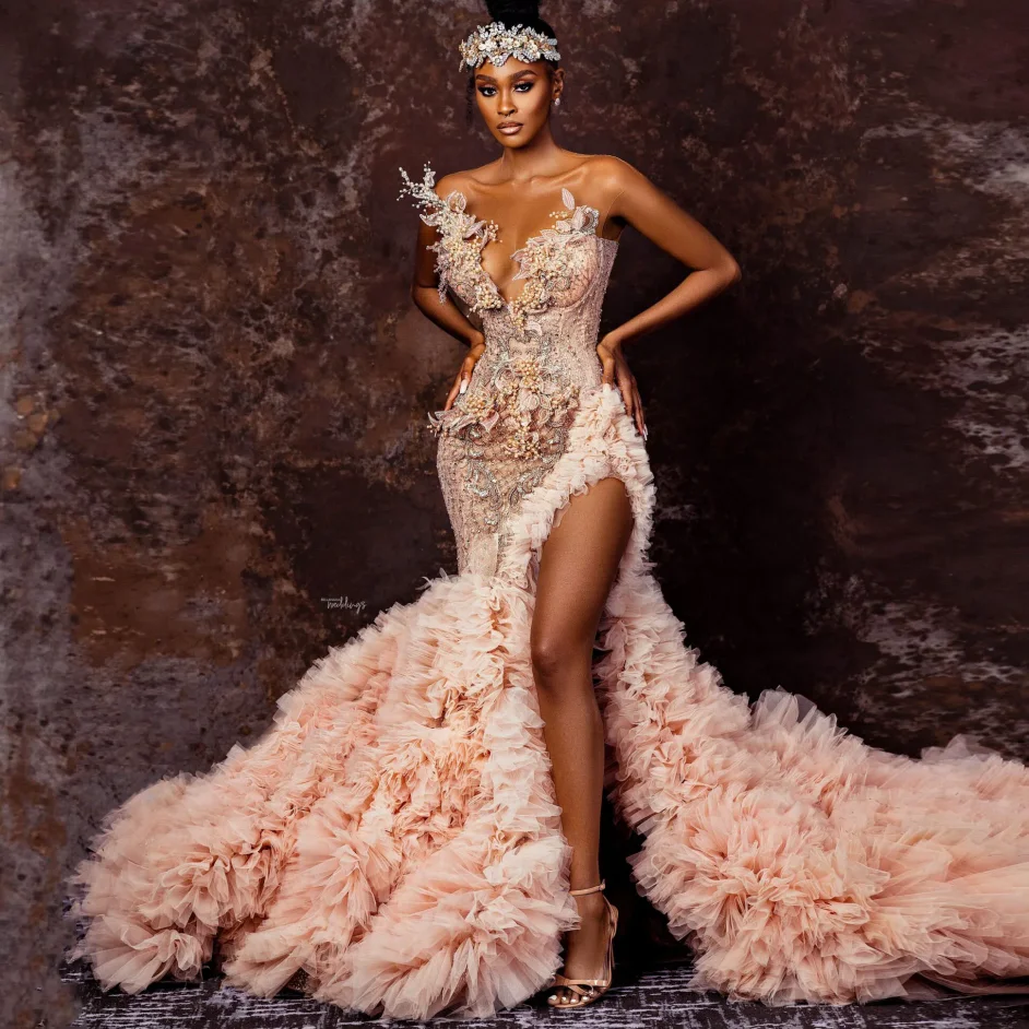 Charming Floral Evening Dresses Ruffled robe de soiree Split Tulle Mermaid Evening Dress Beading Prom Gowns Lace Up Corset