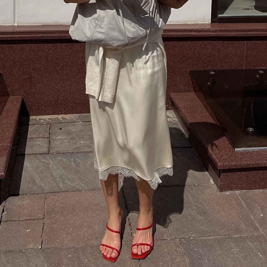 Casual Apricot Satin Lace Mid-Calf Skirts Women Street Chic Loose Long Straight Skirt Autumn Fashion Drawstring Skirts 2026