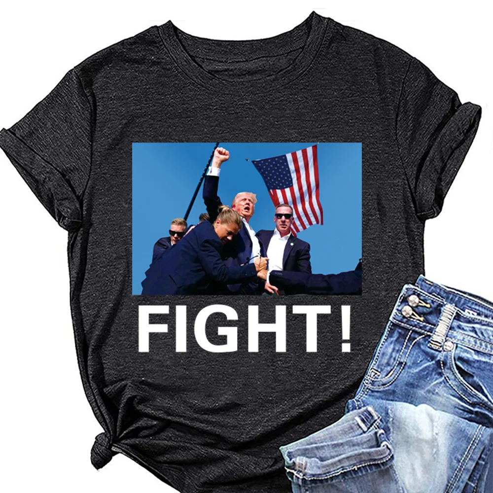 Donald Trump 2024 Fight Tshirts Women Survived Shot At Election Rally T-shirt Summer Short Sleeve Trump Assassinated Shirts Tops