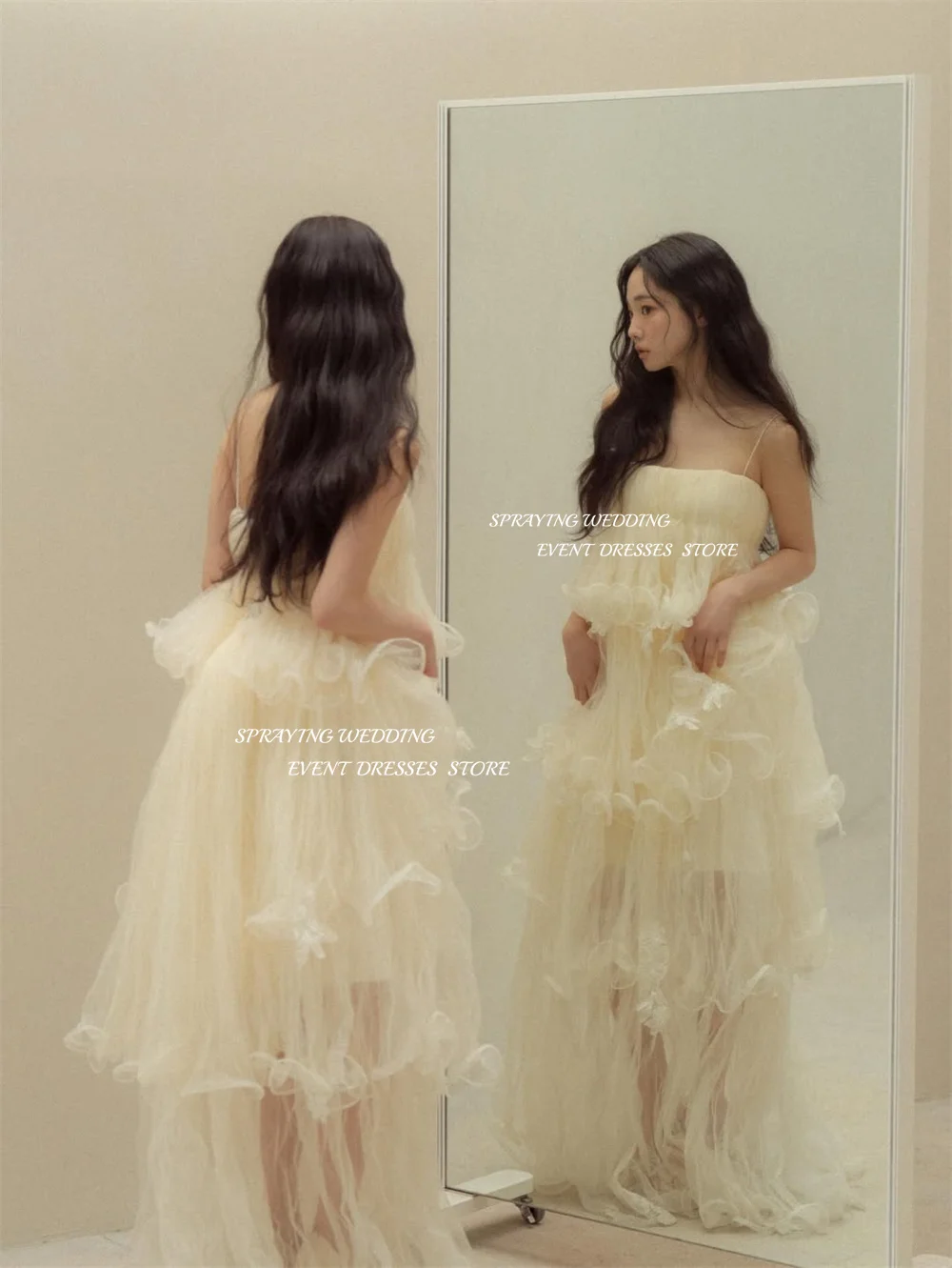 SPRAYING Luxo Bege Tule Vestido de Noiva Coreia Sessão de Fotos Strapless Strap Longo Em Camadas Vestido de Noiva Espartilho Personalizado nnetzo