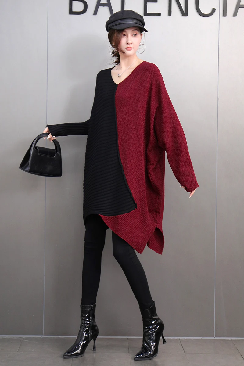 2024 Autumn Winter New Elegant V Neck Contrast Color Patchwork Sweater Loose Long Sleeve Thick Warm Knitted Sweater Women J617