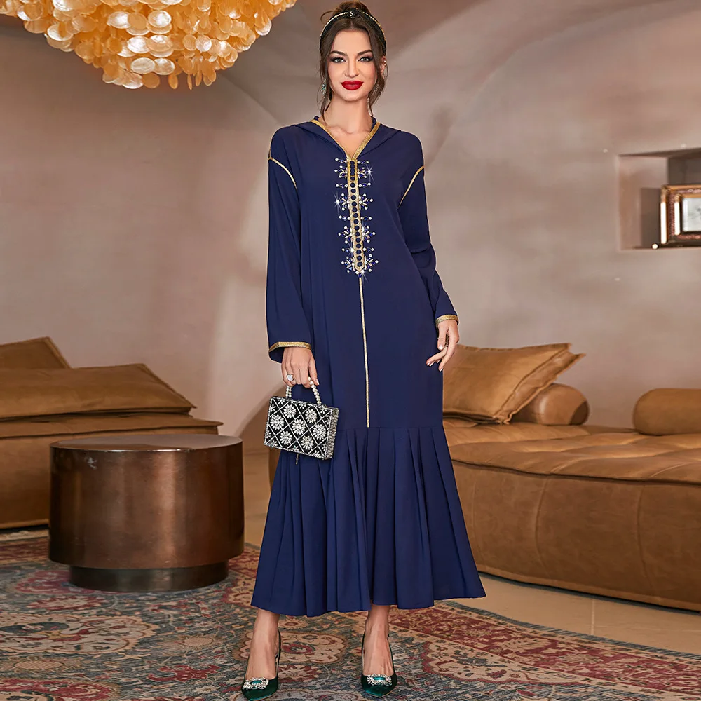 Spring Blue Arab Fashion Hand Beaded Pleated Dress For Women Abaya 2024 Dubai Luxury Long Dresses Fashion Muslin Robe Hooded