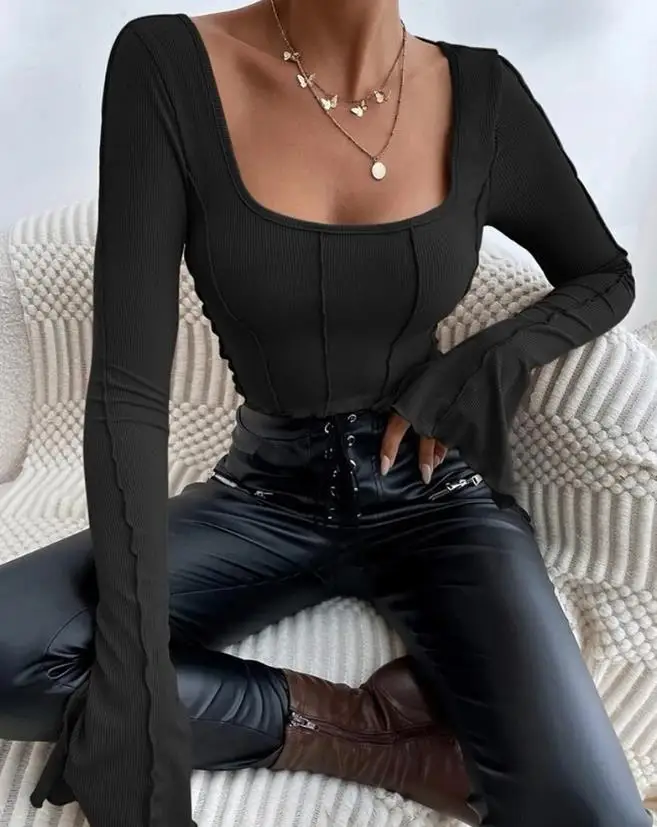 

Pipeline U-Neck Bell Sleeve Top 2023 New Hot Selling Fashion Women's Long Sleeved Lace Up Open Back