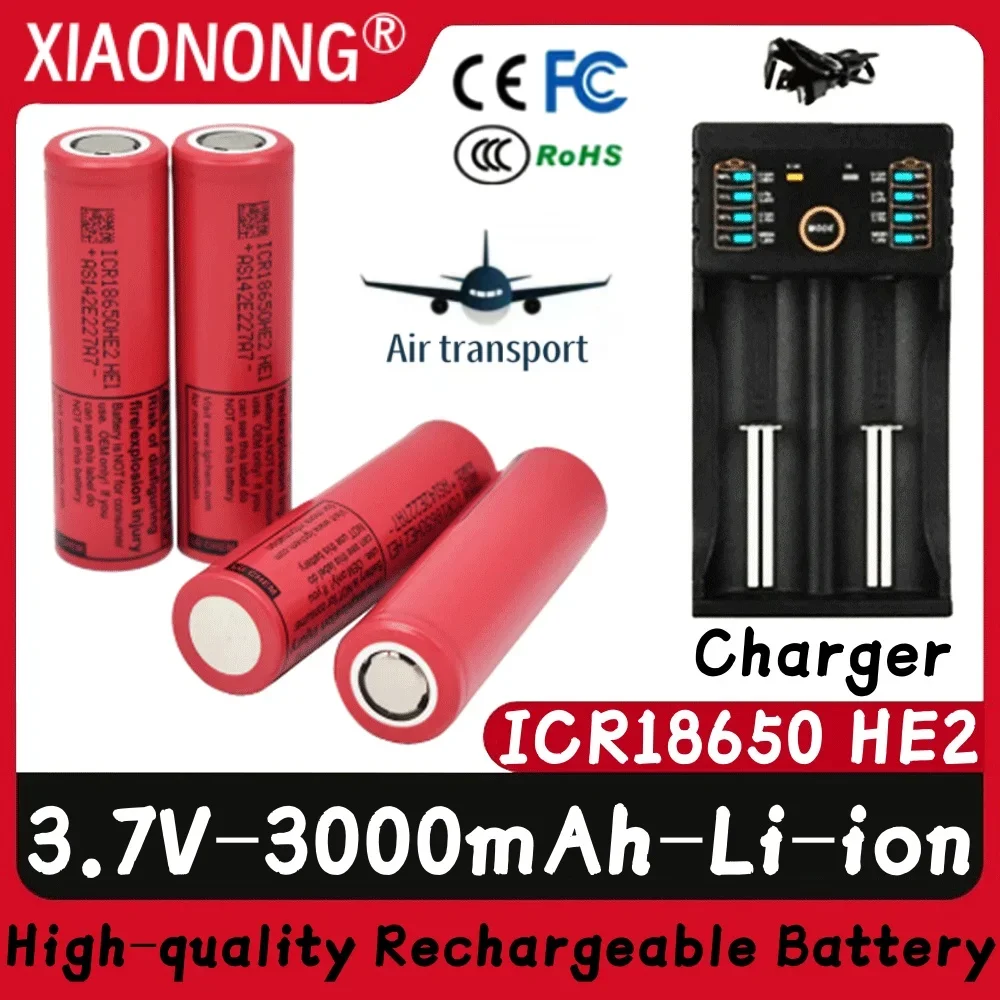 

18650 HE2 Rechargeable battery 3.7V 3000mAh ICR18650-HE2 battery, used for various electronic products, toys With USB Charger