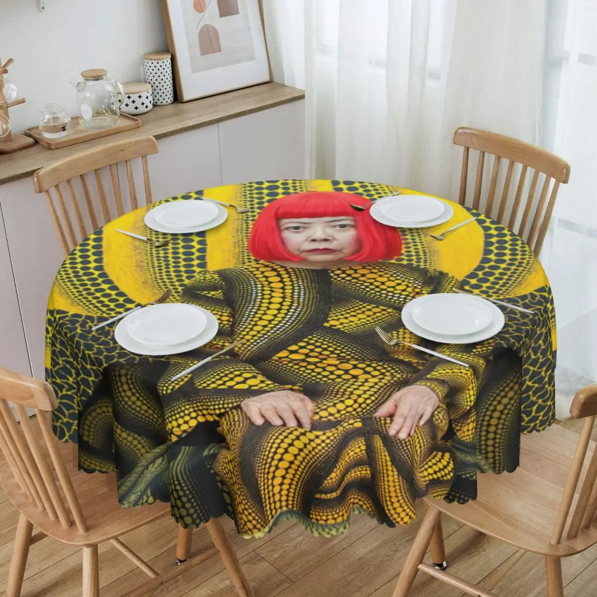 

Custom Round Yayoi Kusama Art Tablecloth Waterproof Oil-Proof Table Covers 60 inch Pumpkin Aesthetic Table Cloth