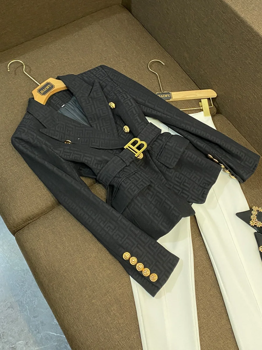 

Костюм Bla ort Jaet, женский Sle B6987, повседневный дизайн, европейские товары, пояс с бабочкой, узор для поездок на работу, ветер