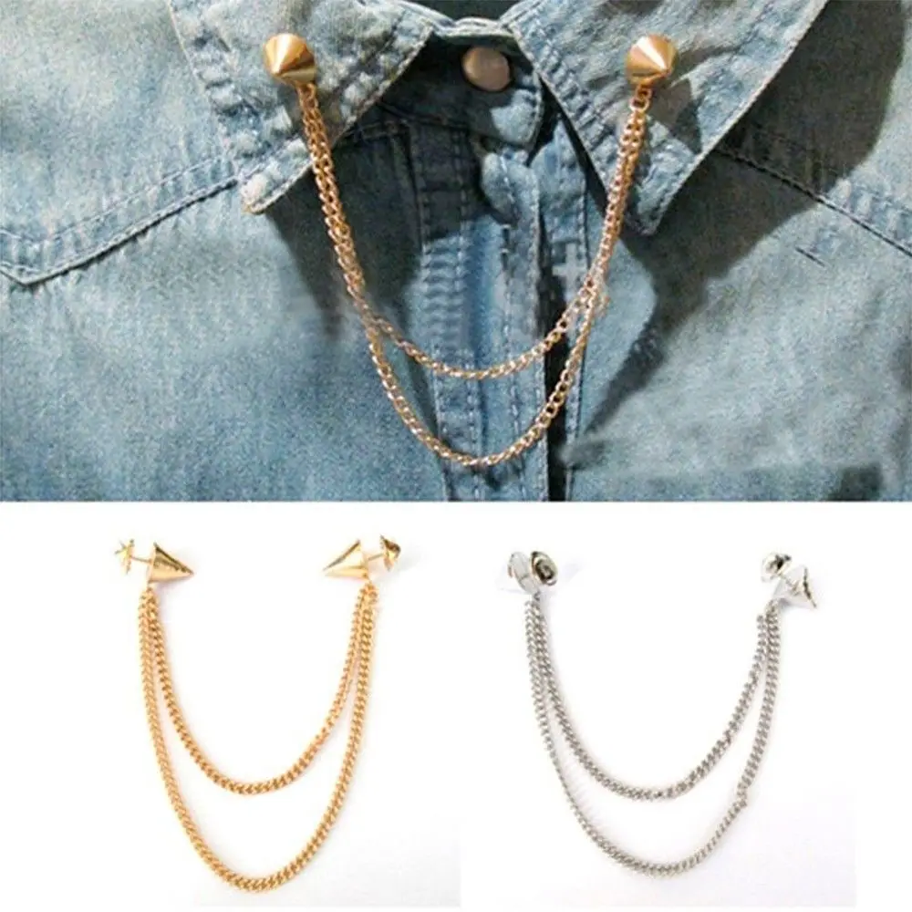 Metal Double Women Punk Stud Shirts Blouse Jewellery Chain Brooch Collar Pin Spike Tip