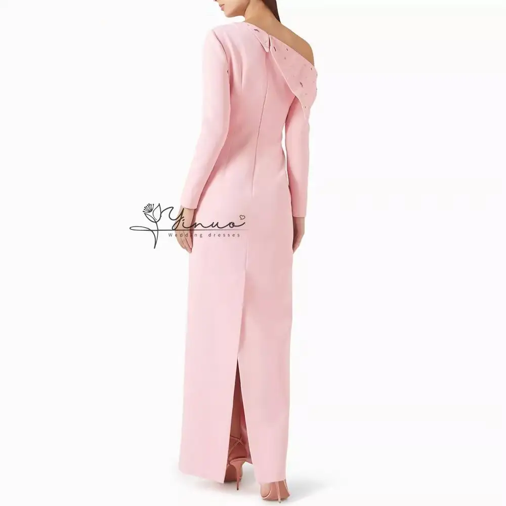 Customized  Women's Straight Evening Dresses Ankle-length One-shoulder Full Sleeve Prom Dresses Simple Fashion Sequined view 3