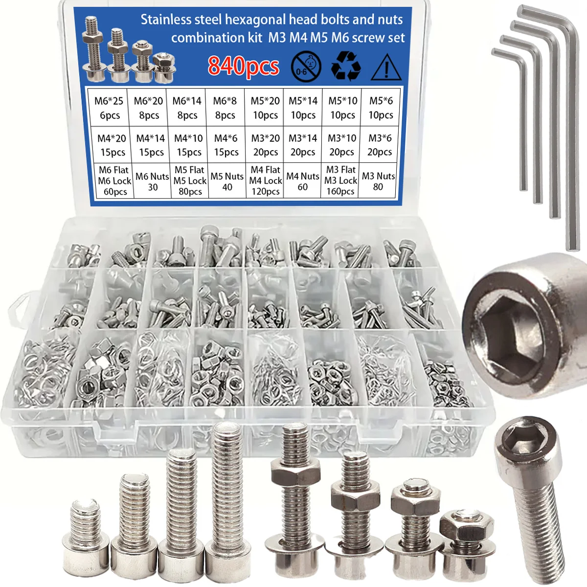 

840pcs Stainless Steel Bolts, Screws, Nuts, Spring Washers, Flat Washers, Socket Head Screws, Locking Screws, Nuts