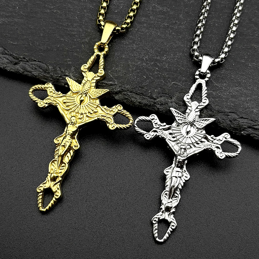 Paloma espíritu Santo Acero inoxidable crucifijo de Jesús Cruz colgante collar para Mujeres Hombres Color oro paloma católica cadena joyería