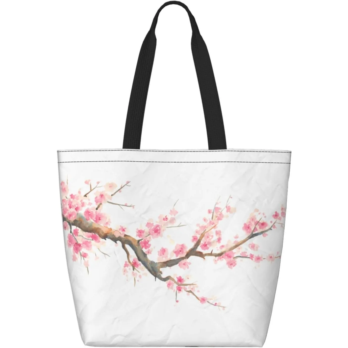 Bolsa de mano de papel de aramida floral con flor de cerezo rosa agua con bolsillo con cremallera, bolsa de compras reutilizable, liviana e impermeable