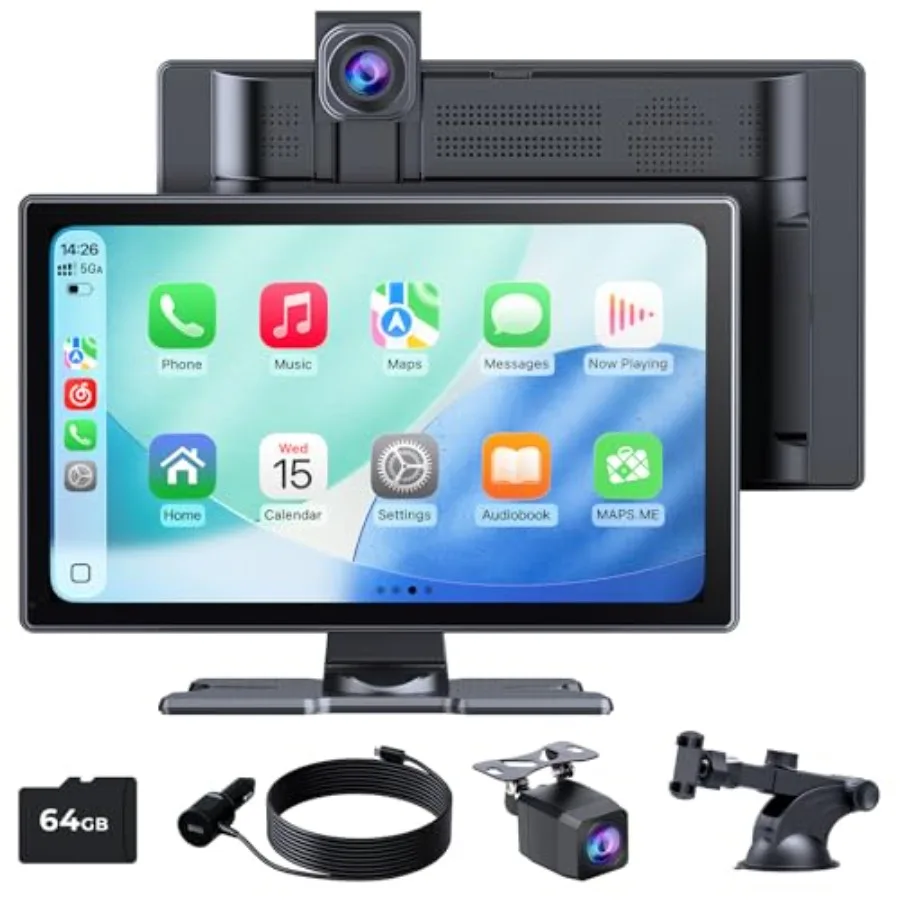 Carplay Screen for Apple Carplay Android Auto: 9 HD IPS wireless touch screen 4K dash cam 1080p backup camera voice control nav