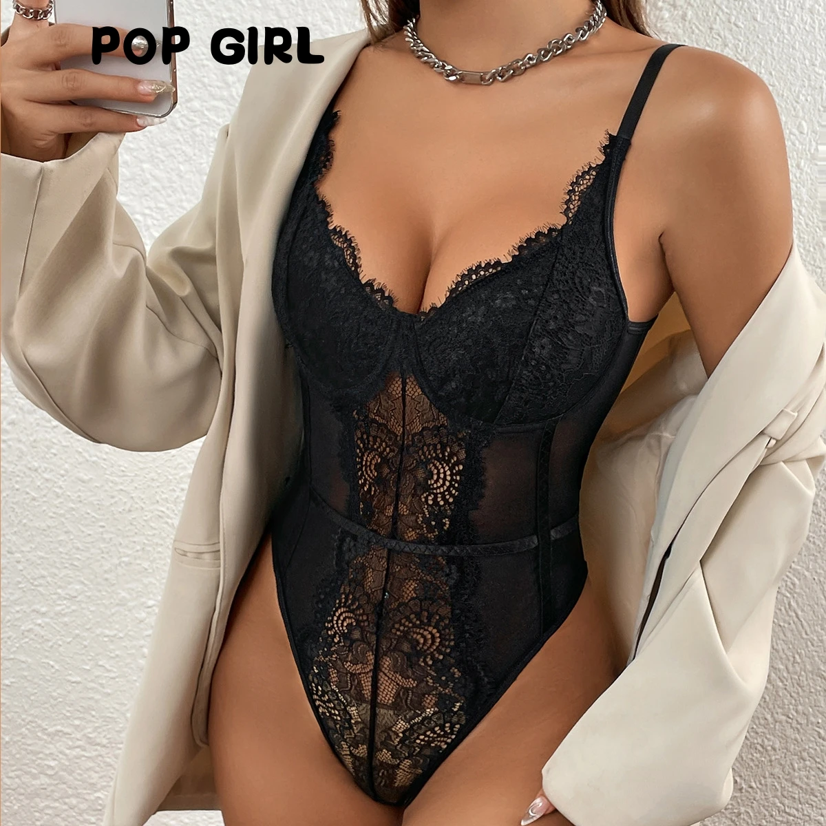 

New Sle Lace Trim See tough Deep V Bal Slim Fit Strap Bodysuit Commute High Waist ort Pants Polyester Fabric