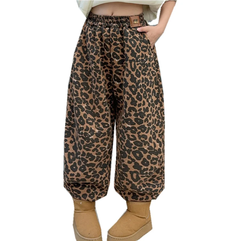 

2024 Loose Children's Leopard Print Pants For Girl Streetwear Hip Hop Vintage Clothes Kids Casual Sports Sweatpants For Teenager