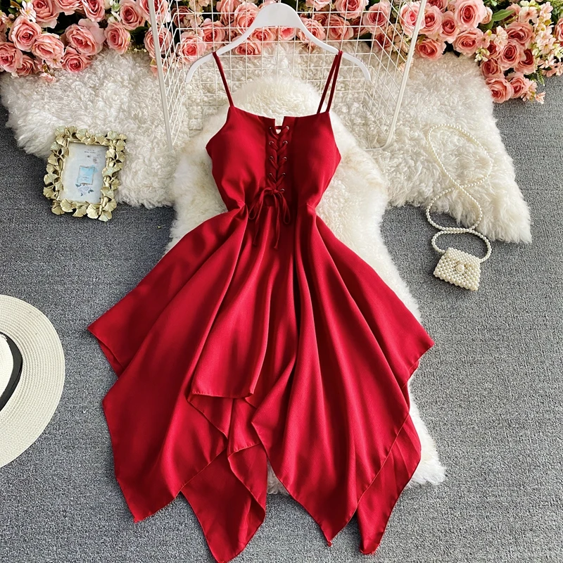 Solid Sexy Summer Women's Beach Dress For Girls Strap V Neck Sleeveless Sundresses Female High Waist Ladys Sash Tie Up Dresses