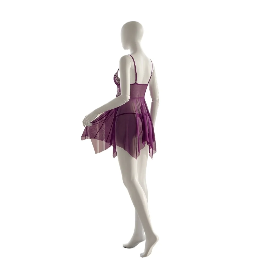 Women Lingerie See-Through Night Mini Dress Lace Floral Front Closure Nightgown with Briefs Female Mesh Underwear Babydoll