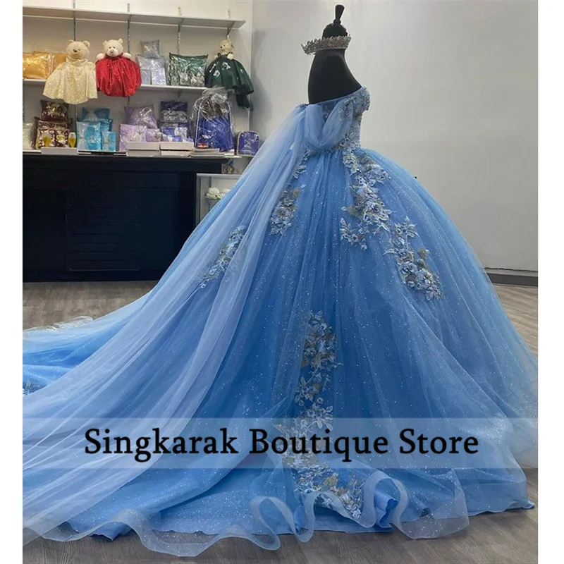 Sky Blue Stunning Princess Sweet 16 Quinceanera Dresses Flower Applique Pearls Crystals Ball Gown Vestido De 15 Anos  Customized