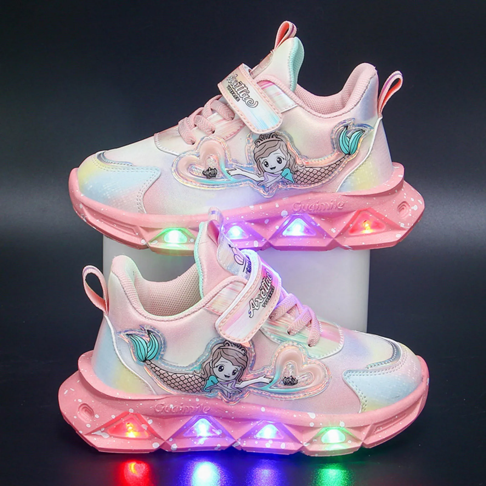 Kids Girls LED Sneakers Frozen Elsa Mermaid Princess Print Casual Shoes Children Lighted Non-slip Pink Purple Thick Sole Sneaker